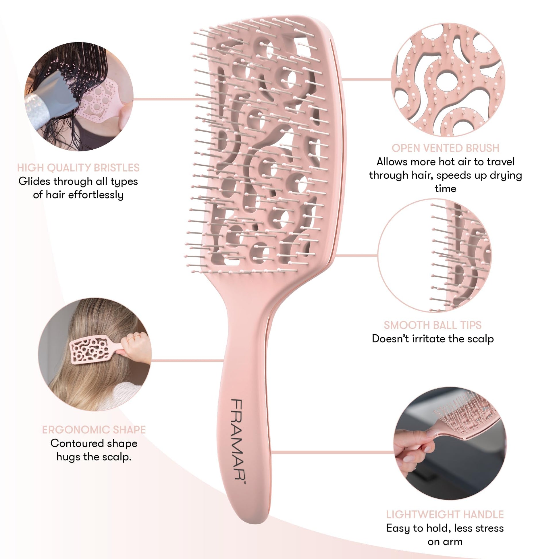 FRAMAR Professional Wet Hair Brush - Vented Hair Brush For Women, Curved Hair Detangler, Brosse a Cheveux, Curly Hair Brush Hair Dryer, Detangling Hair Brush (Champagne)