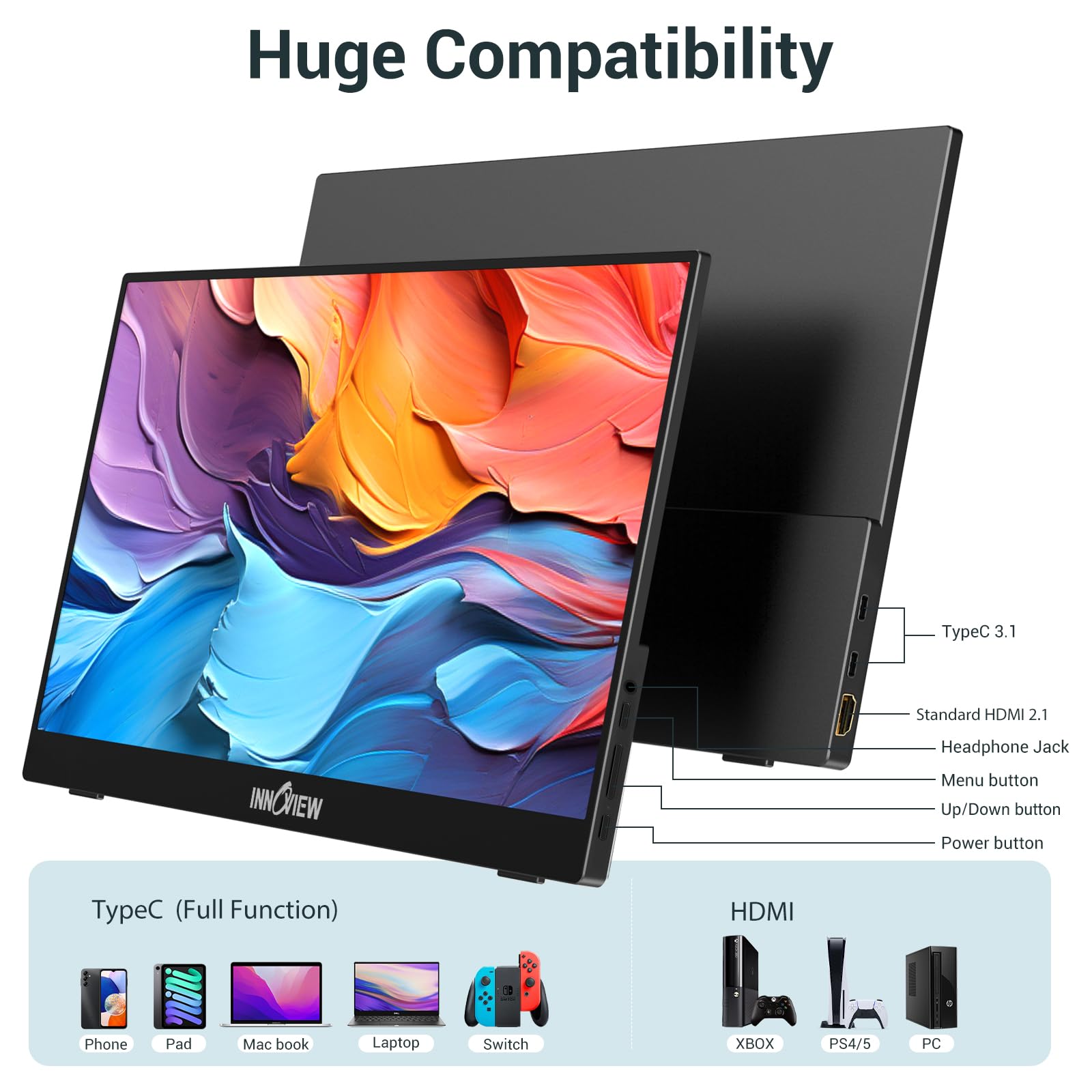InnoView Portable Monitor, 15.6 Inch FHD 1080P USB C HDMI Second External Monitor for Laptop, Desktop, MacBook, Phones, Tablet, PS5/4, Xbox, Switch, Built-in Speaker with Smart Cover - Available at All In One Marketplace Canada