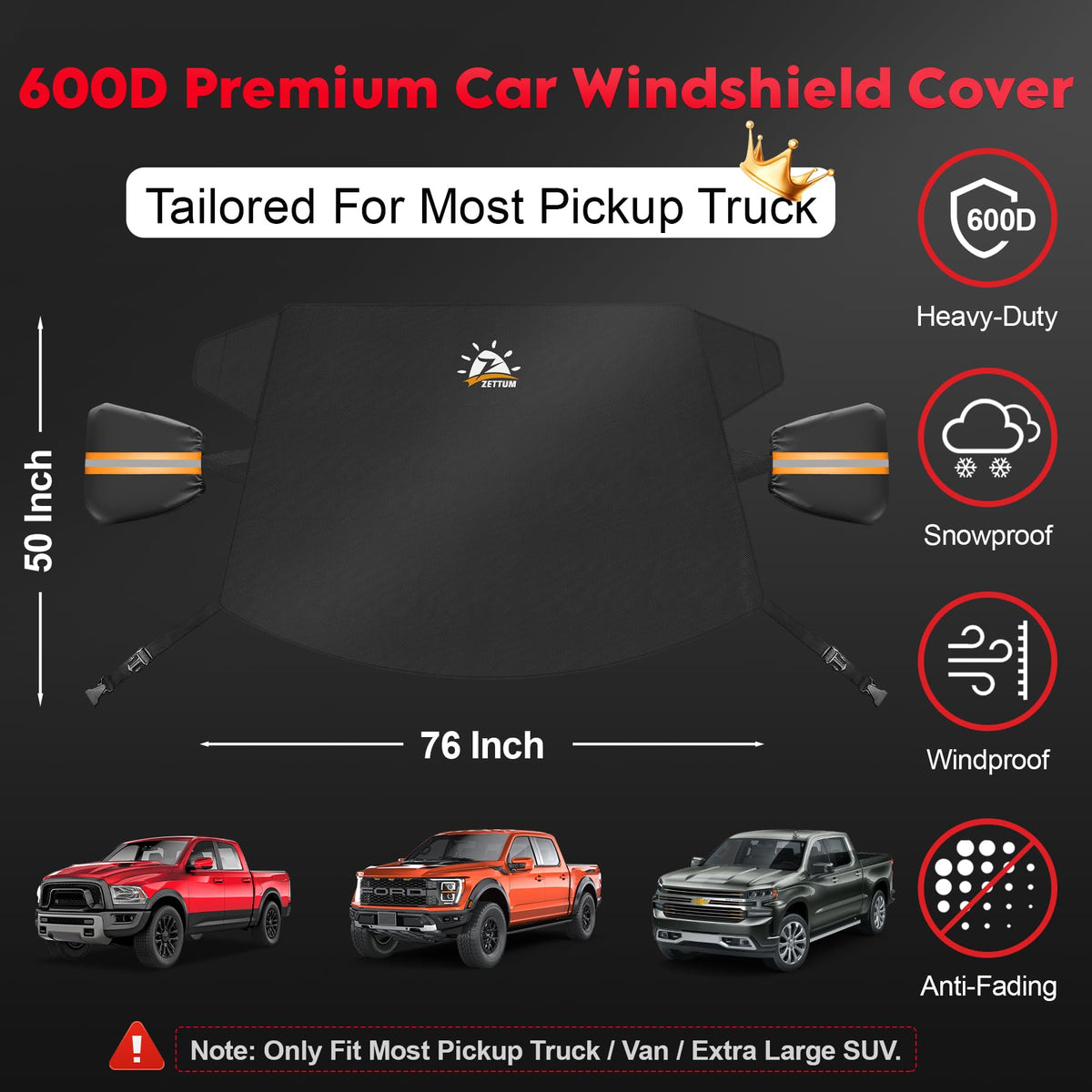 Zettum Truck Windshield Cover for Ice and Snow - 600D Large Windshield Snow Cover for Pickup Truck Heavy Duty, Winter Car Windshield Covers for Ford F150, Silverado, GMC Sierra, Ram, and More Trucks 🍁 All In One Marketplace Canada