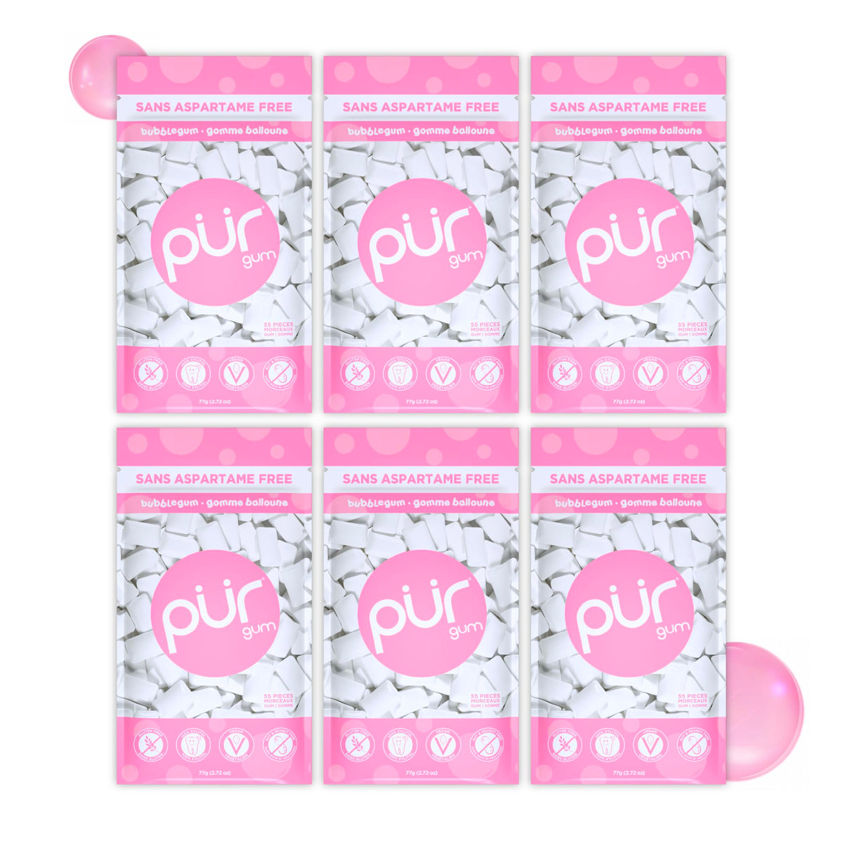 PUR Gum, Bubblegum, Xylitol Gum, No Artificial flavour, 330 Count (6x55)