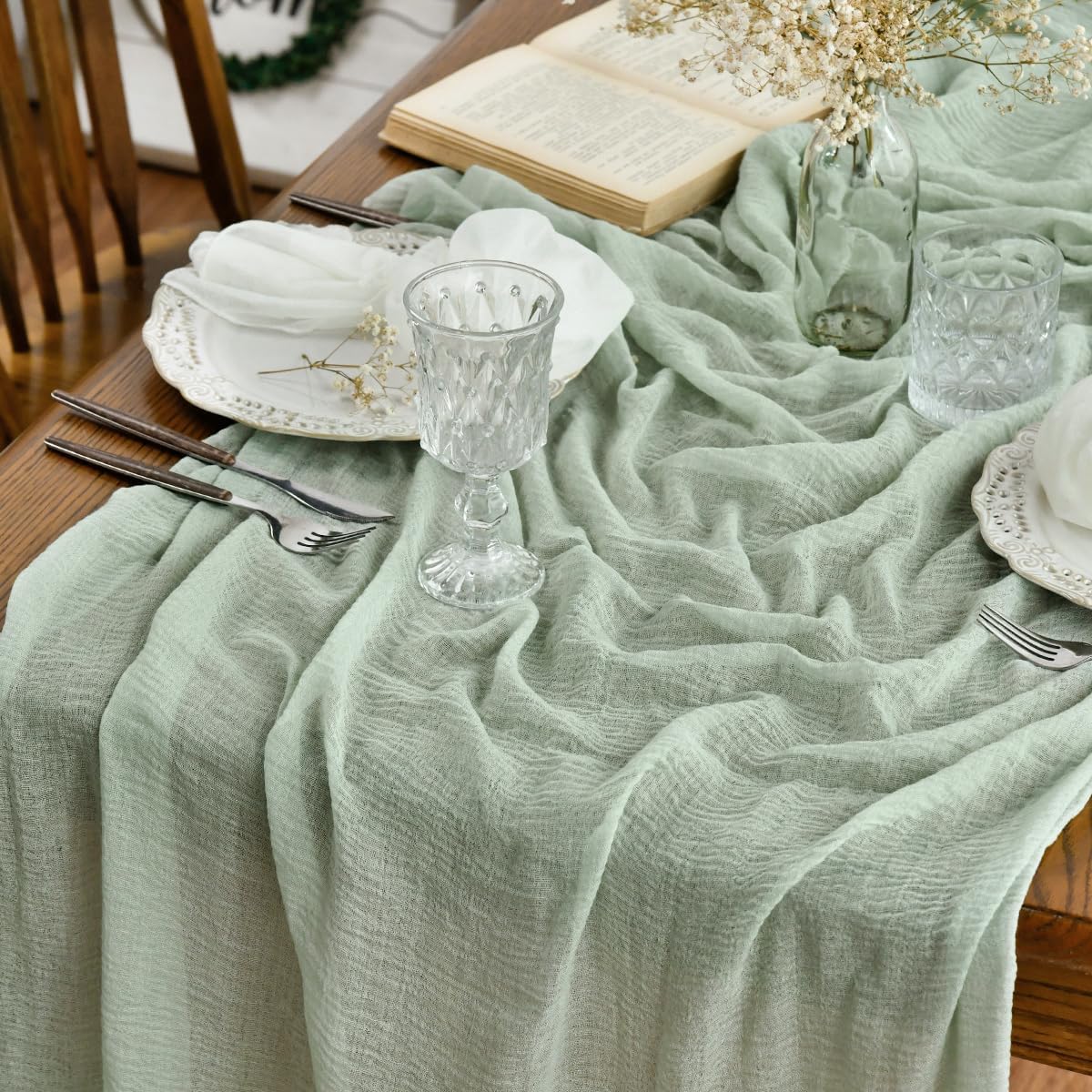 Artoid Mode Boho Sage Green Gauze Wedding Table Runner, 300 cm Seasonal Fabric Kitchen Dining Holiday Table Decor for Home Party Indoor 🍁 All In One Marketplace Canada