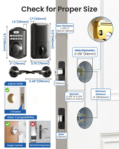 Veise KS01B Keypad Door Lock with 2 Lever Handles Set, Matte Black Veise