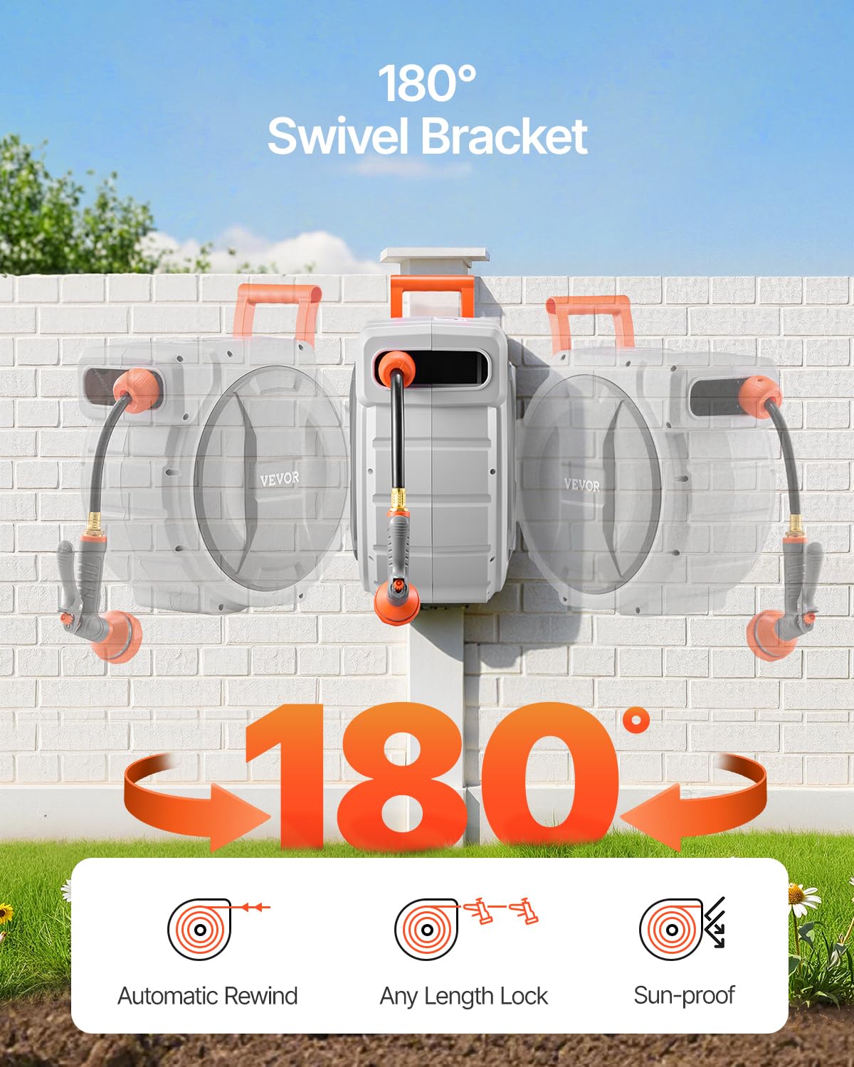 VEVOR Retractable Garden Hose Reel, 5/8 Inch x 100 ft Wall Mounted Hose Reel, Heavy Duty Garden Hose Reel with 9 Patterns Nozzle, Any Length Lock, Upgraded Slow Return System and 180°Swivel Bracket 🍁 All In One Marketplace Canada