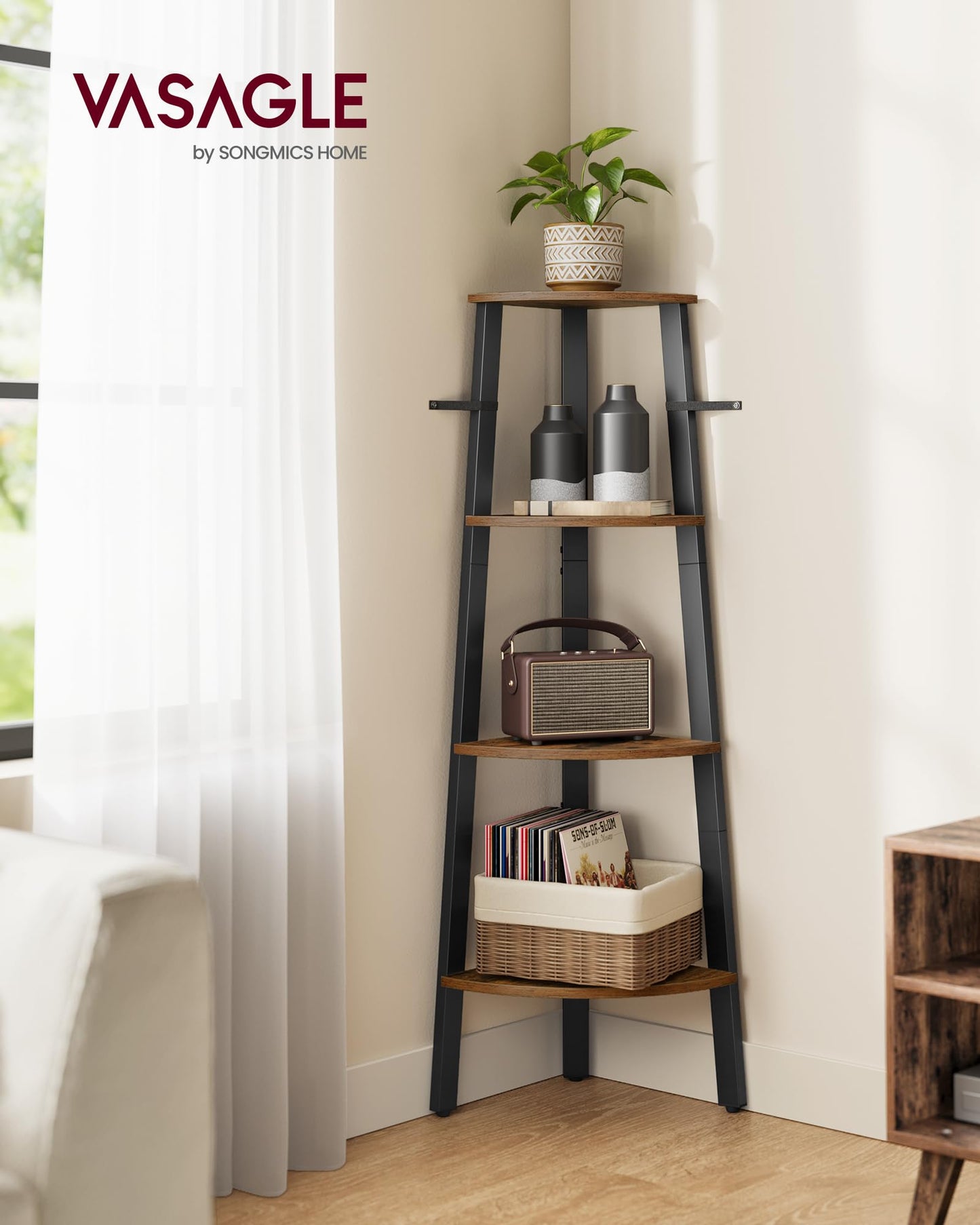 VASAGLE Corner Shelf Stand, 4-Tier Corner Bookshelf, Industrial Ladder Shelf, Plant Stand for Living Room, Office, Kitchen, Rustic Brown and Matte Black ULLS34X VASAGLE