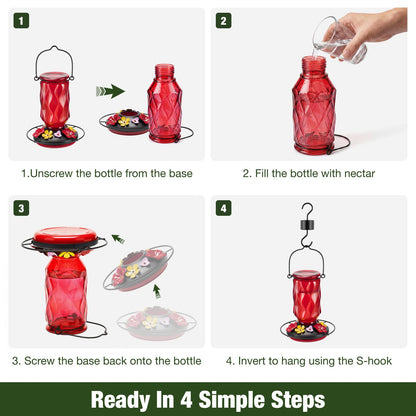 Kingsyard Glass Hummingbird Feeder for Outdoors Hanging, 20 oz Leak-Proof Hummingbird Feeders with 9 Bee Proof Feeding Ports & Ant Moat, Easy to Clean and Refill (Red)