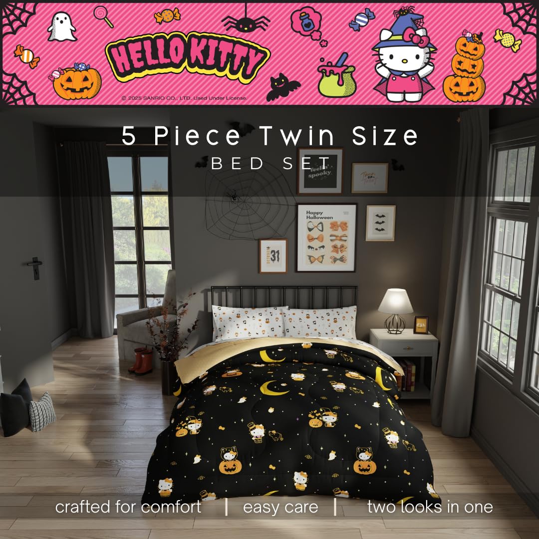 Parure de lit pour lit simple Sanrio Hello Kitty motif citrouille d'Halloween – Ensemble 4 pièces réversible, ultra doux et confortable (produit sous licence officielle) par Franco
