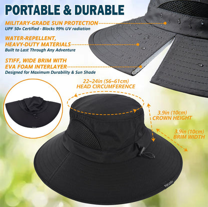 EINSKEY Sun Hat for Men/Women, Waterproof Wide Brim Bucket Hat UV Protection Boonie Hat for Fishing Hiking Garden Beach Black