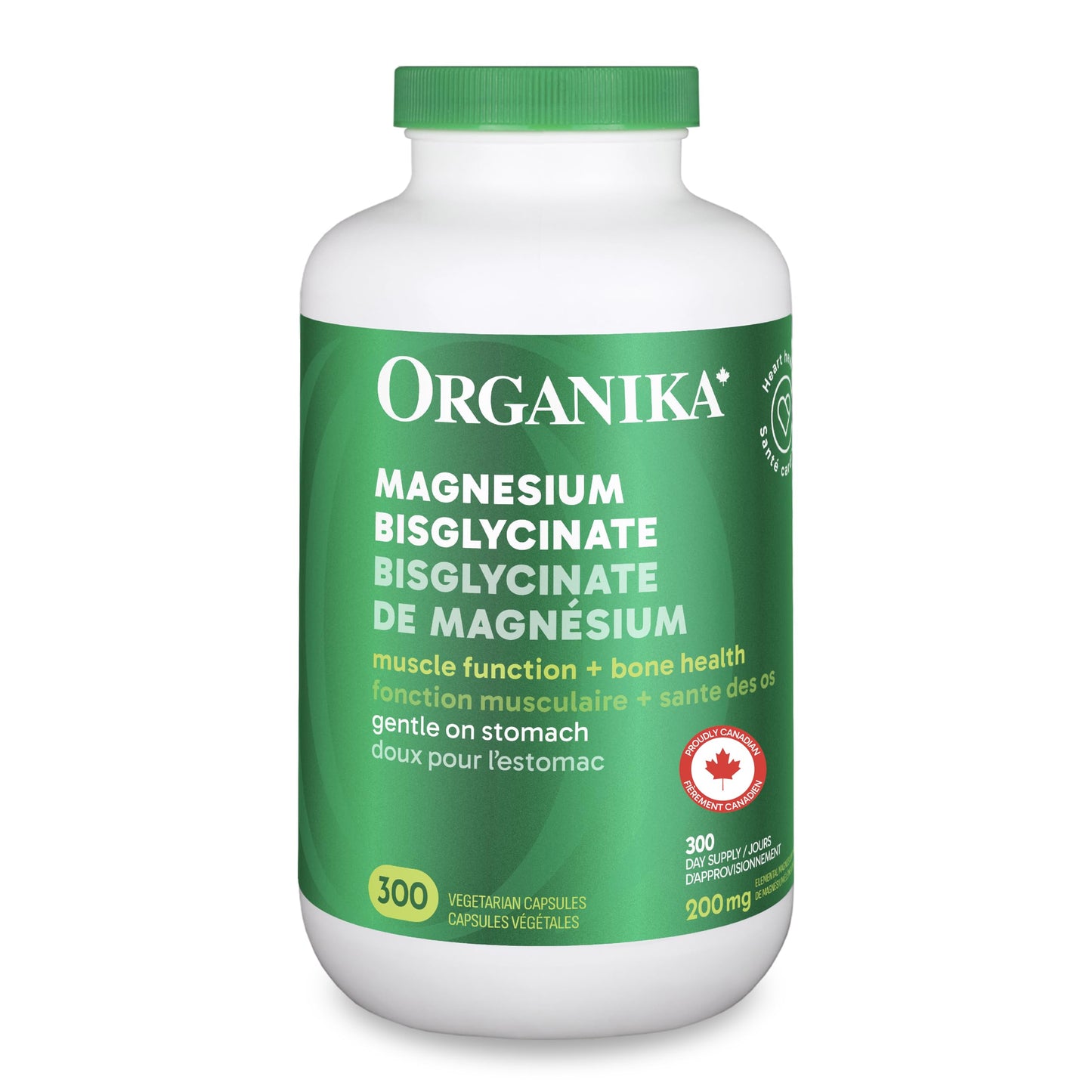 Organika Canadian-Made Magnesium Bisglycinate - 200mg, High Absorption, Muscle Recovery, Heart Support, 300vcaps
