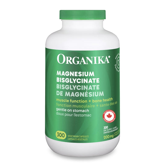 Organika Canadian-Made Magnesium Bisglycinate - 200mg, High Absorption, Muscle Recovery, Heart Support, 300vcaps