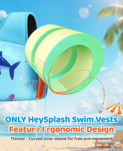HeySplash Swim Vest for Kids, Toddler Pool Floaties Fit 33-66 Lbs, Puddle Jumper with Double Adjustable Strap, Swim Jacket Water Wing Arm Float, Sea Boat Flotation Device Boy Girl,Blue Shark
