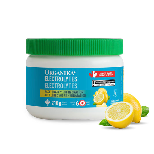 Organika Canadian-Made Electrolytes Powder with Vitamin C & Prebiotic Fibre - Sugar-Free Hydration Drink Mix - Classic Lemonade - 210 g - 60 servings