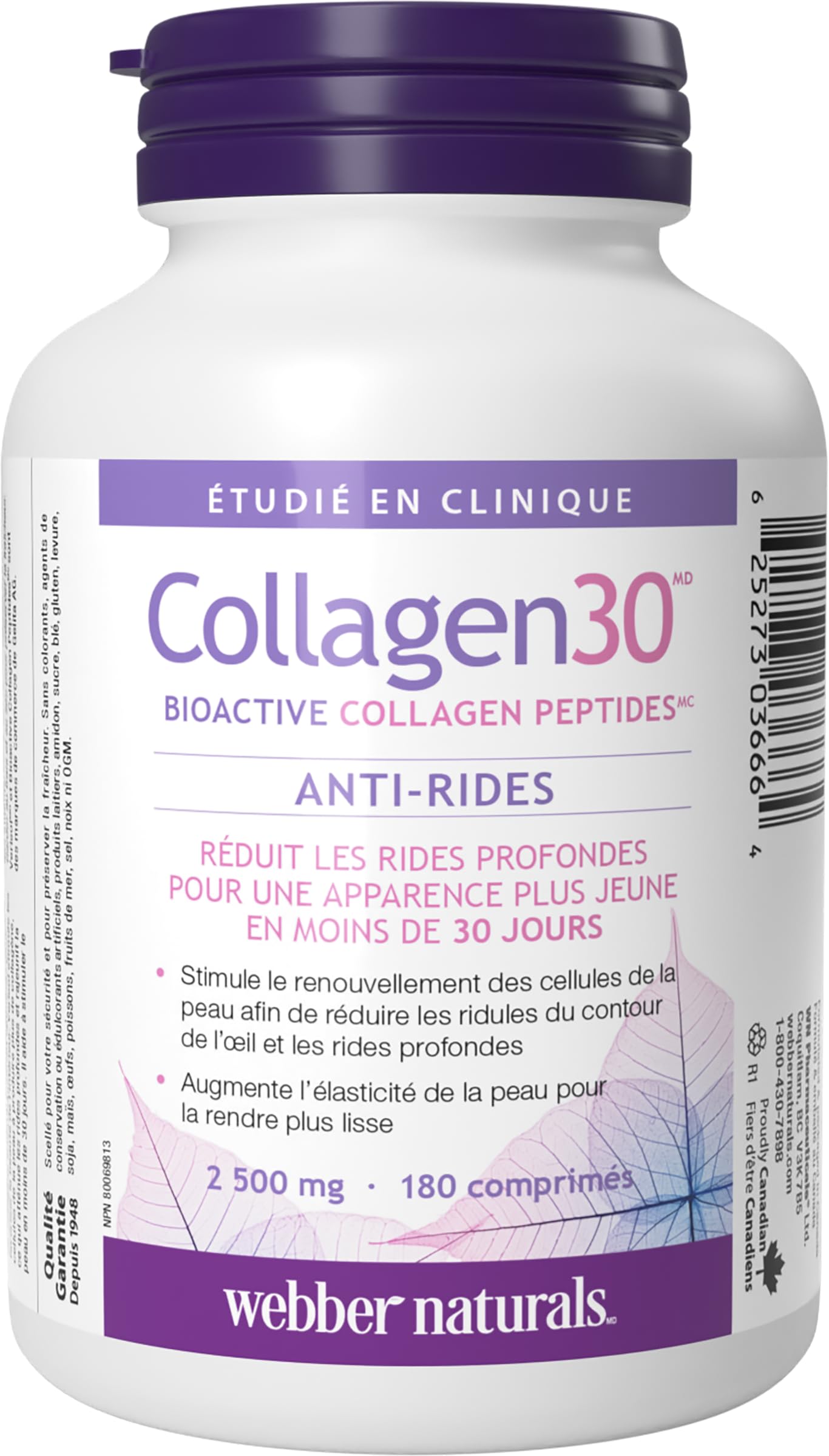 Webber Naturals Collagen30 Anti-Wrinkle, 2500 mg of Bioactive Collagen Peptides Per Serving, 180 Tablets, Helps Reduce Deep Wrinkles, Fine Lines & Stimulates Skin Cells - Available at All In One Marketplace Canada