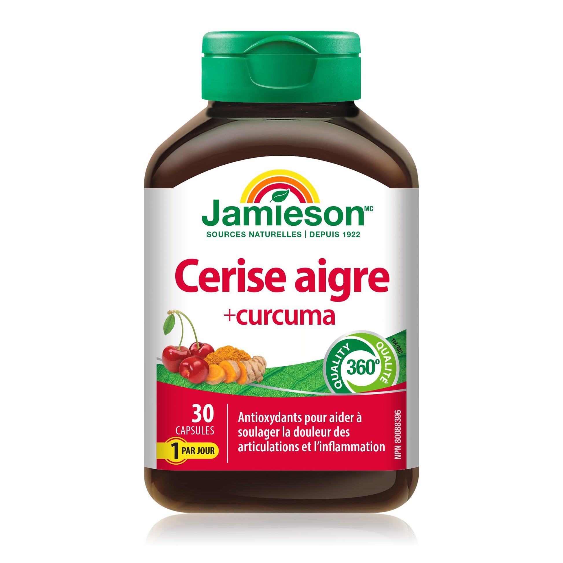 Jamieson Turmeric 100 mg with Tart Cherry 500 mg, Provides Natural Joint Pain Relief, Supports Inflammation, and Helps with Digestion. Non-GMO, 30 Vegetarian Capsules, Proudly Canadian - Available at All In One Marketplace Canada