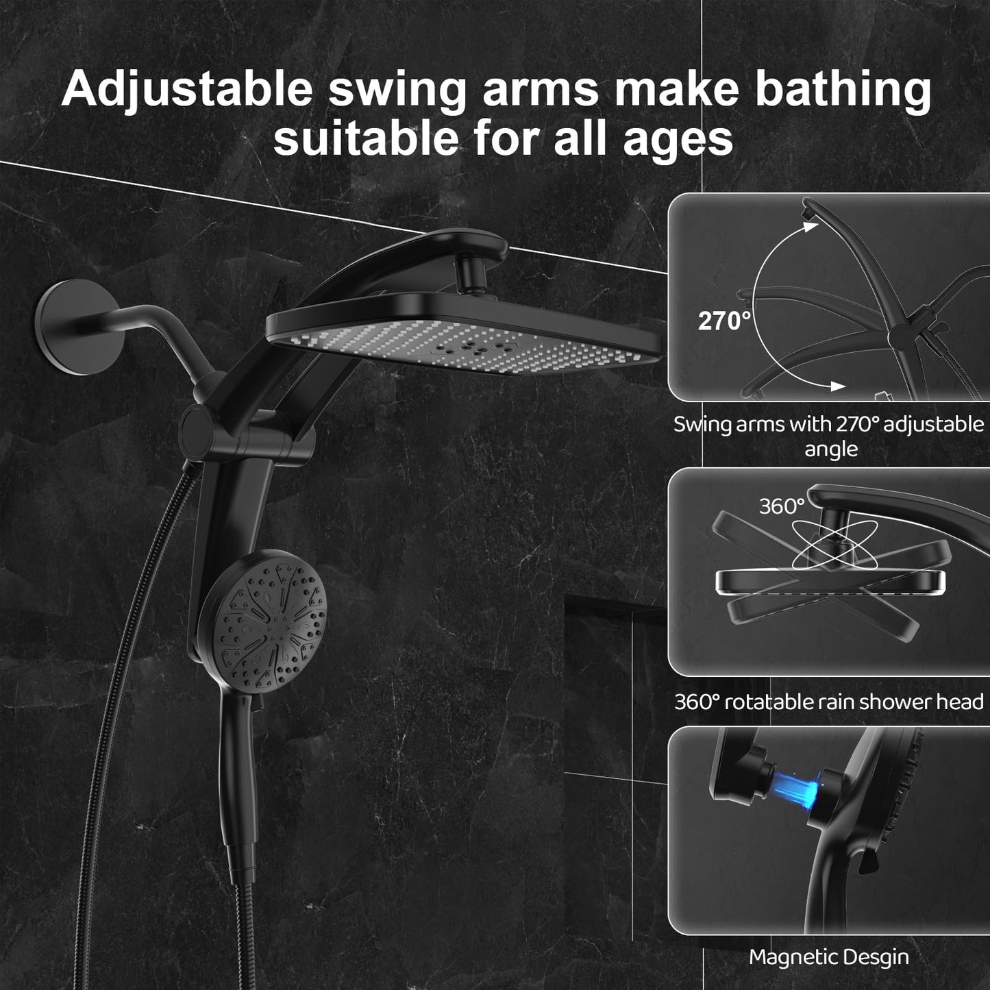 Rain Shower Head, Dual Shower Heads, Adjustable Integrated Bracket with Built-in Magnetic Base and Powerful Water Spray, with Handheld high-Pressure Spray Combination (Black).