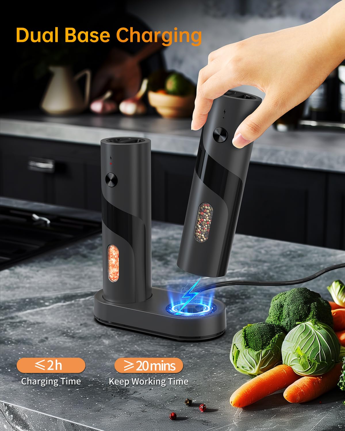 CIRCLE JOY Electric Salt and Pepper Grinder Set with Charging Base, Rechargeable Automatic Pepper Mill Grinder with Adjustable Coarseness, Easy Filling 110ml Large Capacity with Led for Home Kitchen - Available at All In One Marketplace Canada