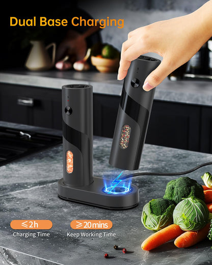 CIRCLE JOY Electric Salt and Pepper Grinder Set with Charging Base, Rechargeable Automatic Pepper Mill Grinder with Adjustable Coarseness, Easy Filling 110ml Large Capacity with Led for Home Kitchen - Available at All In One Marketplace Canada