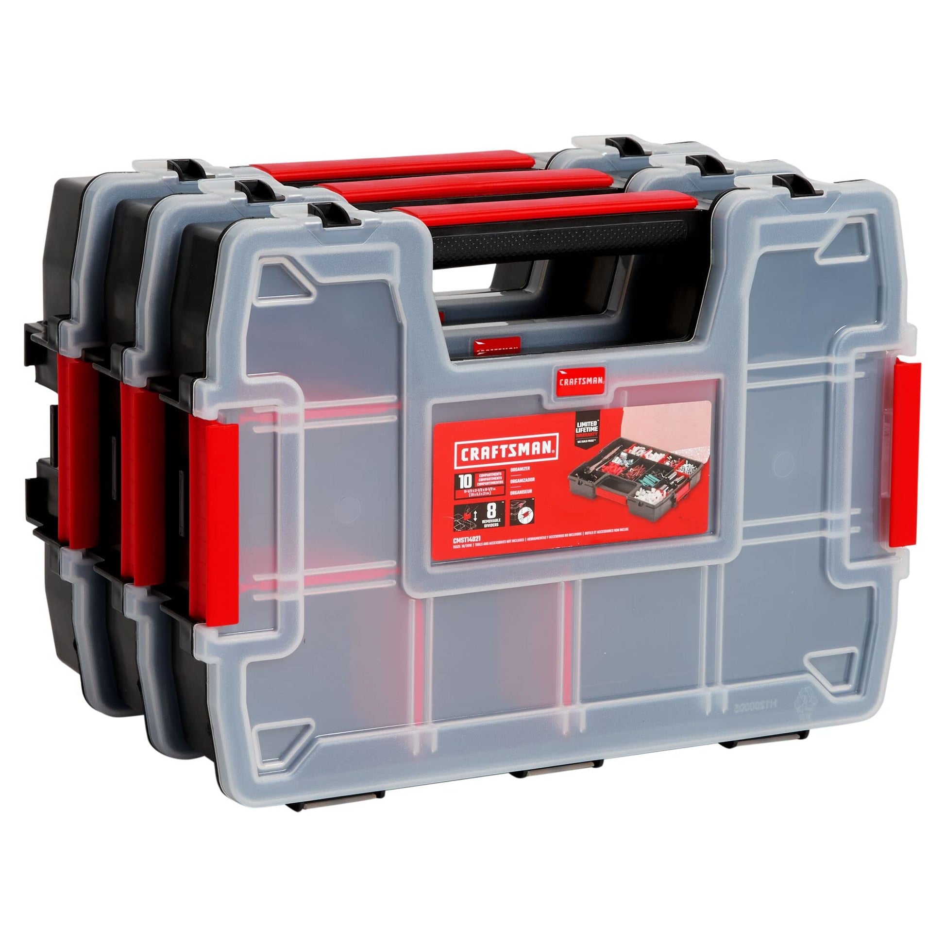 CRAFTSMAN Storage Organizer, Small Parts Organizer, 3-Packs with 10-Compartments, Lid Includes Secure Latch (CMST60964M) CRAFTSMAN