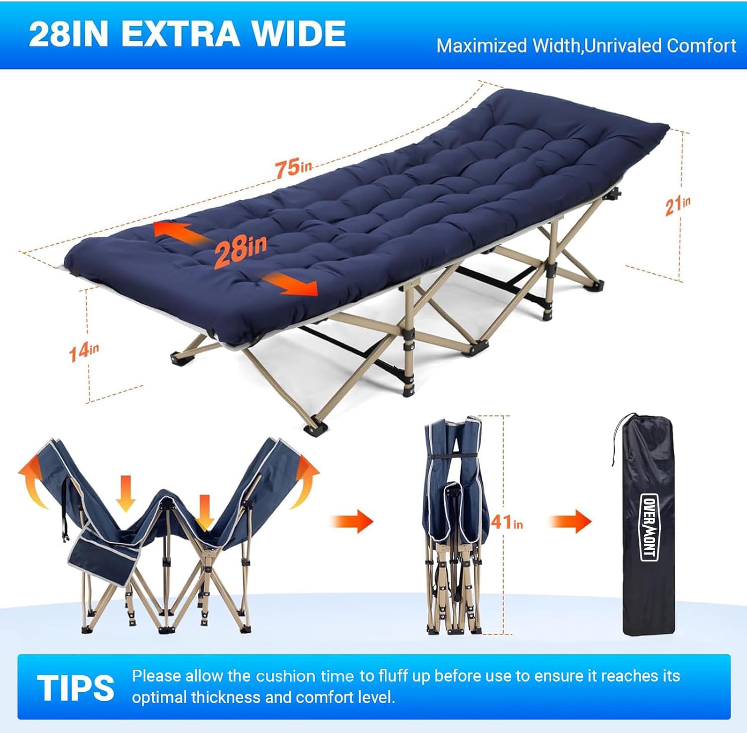 Overmont Camping Cot with Cushion - 28” Extra Wide Folding Cots for Adults Load 550 LBS with Carry Bag - Double Layer 2400D Oxford Sleeping Bed for Outdoor Travel Home Office Nap OVERMONT