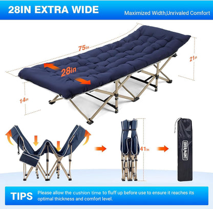 Overmont Camping Cot with Cushion - 28” Extra Wide Folding Cots for Adults Load 550 LBS with Carry Bag - Double Layer 2400D Oxford Sleeping Bed for Outdoor Travel Home Office Nap OVERMONT