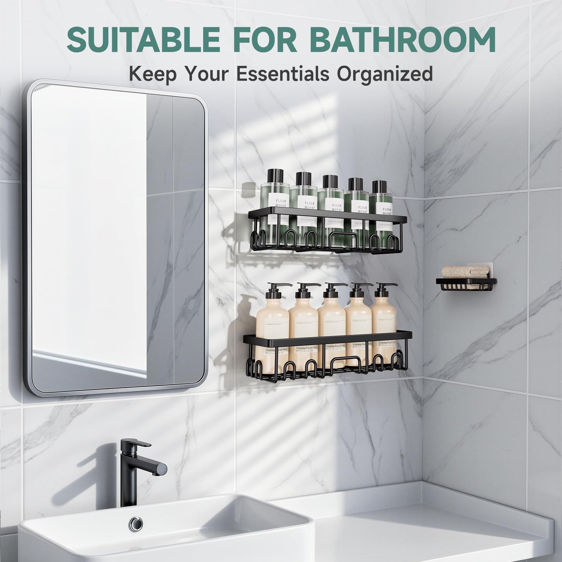 Veken Large Capacity Shower Caddy 3-Pack, No Drilling Adhesive Rack with Soap Holder, Rustproof & Waterproof Shelves, Bathroom Organizers and Storage, Wall-Mounted Kitchen & Home Decor, Black