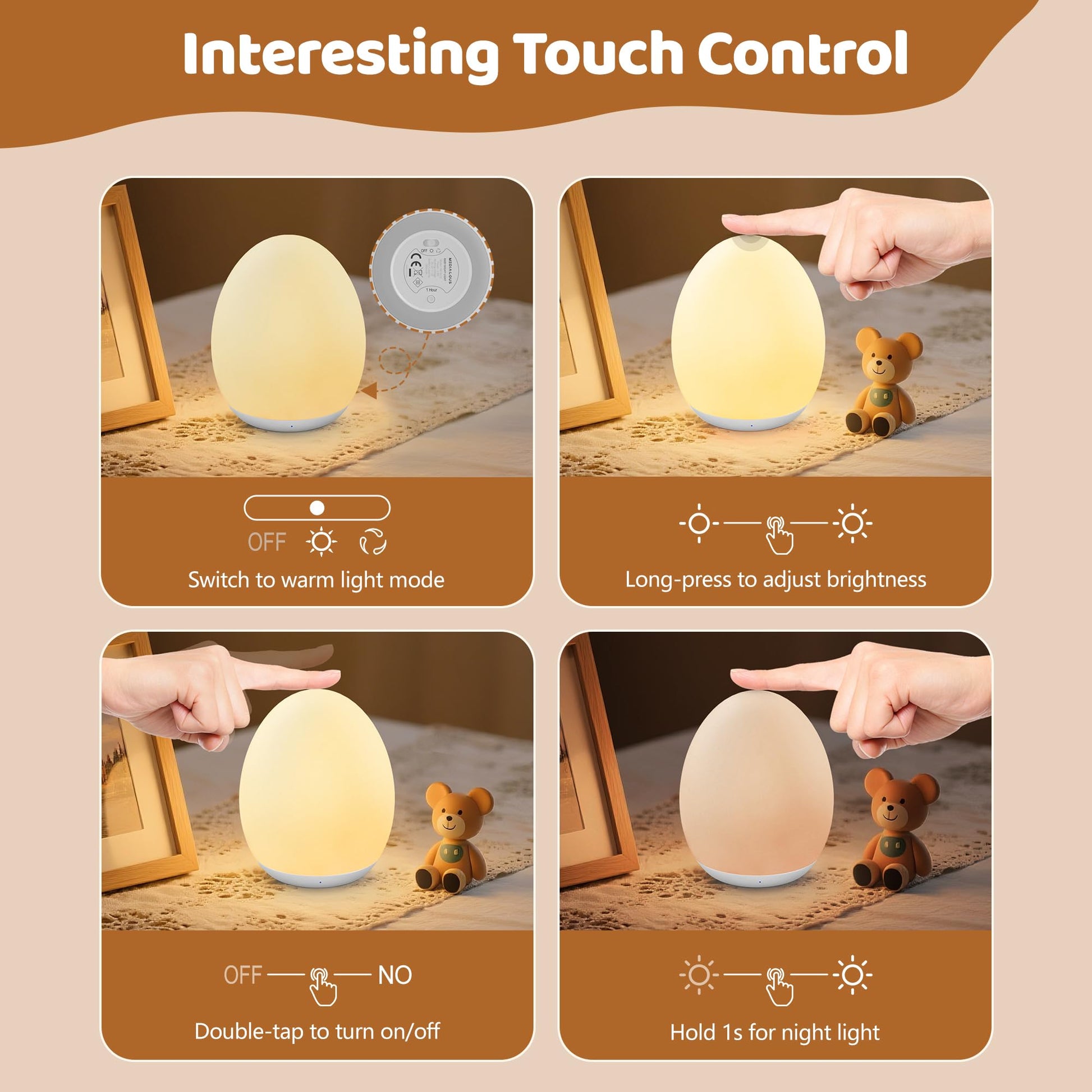 Night Lights for Kids, MediAcous Baby Night Light with 7 Colors Changing & Dimming Function, Rechargeable Kids Night Light with 1 Hour Timer & Touch Control, Up to 100H