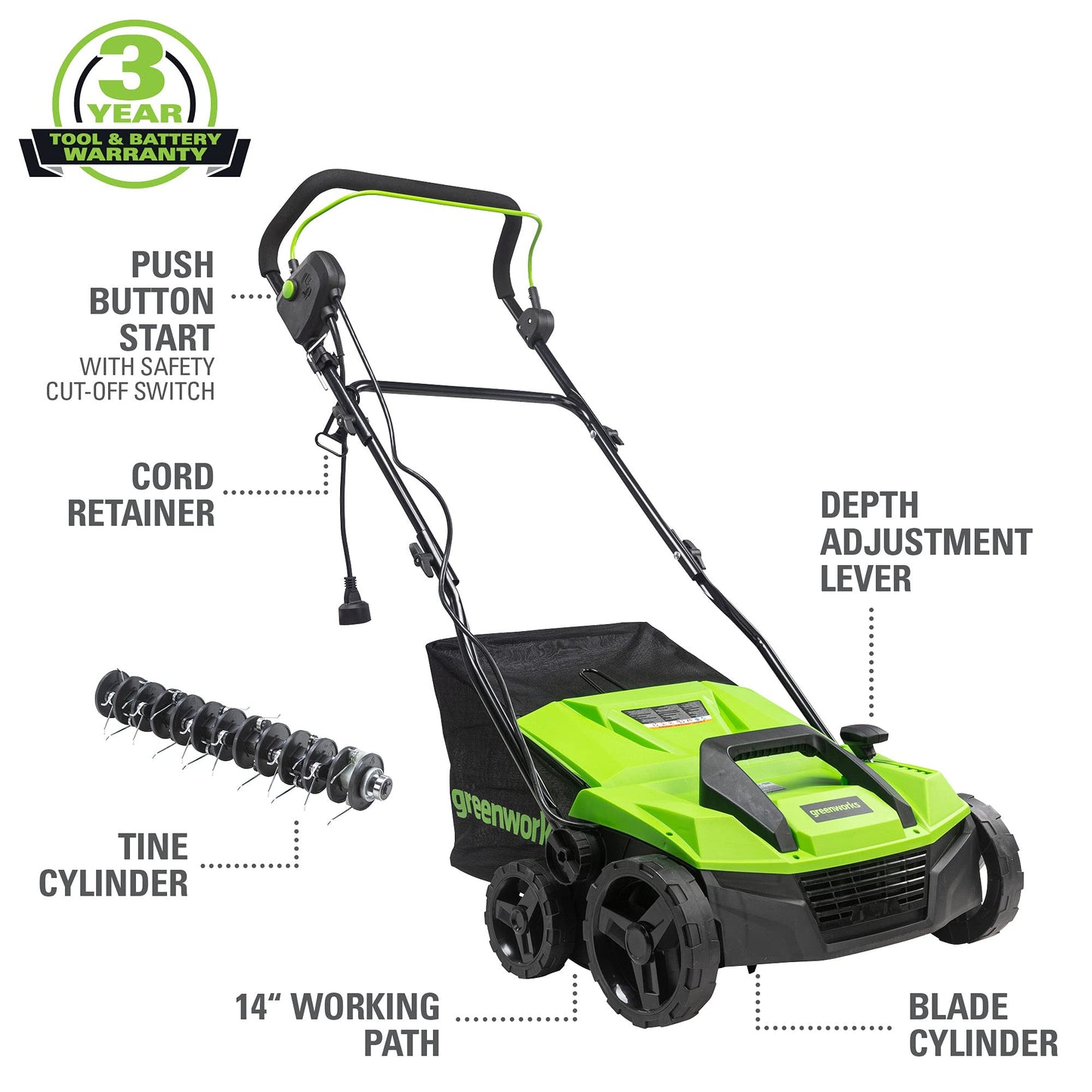 Greenworks 13 Amp 14-Inch Corded Dethatcher/Scarifier, DT13B00 Greenworks