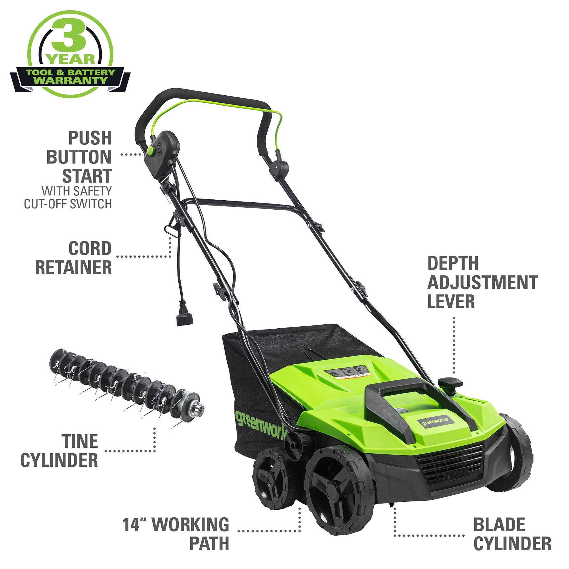 Greenworks 13 Amp 14-Inch Corded Dethatcher/Scarifier, DT13B00 Greenworks