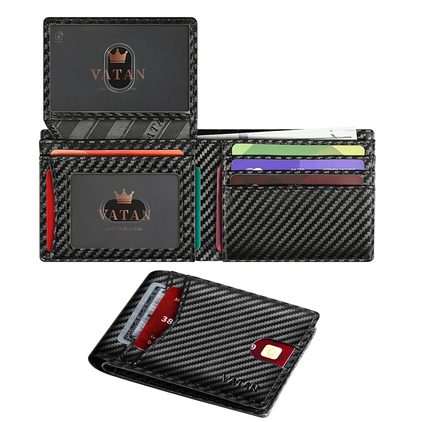 VATAN Wallet for Men Slim RFID Blocking Leather Credit Card Holder Wallet for 15 Cards, Bifold Minimalist Thin Wallet with 2 ID Windows & Cash Slot, with Gift Box (Carbon Fiber Black) - Available at All In One Marketplace Canada