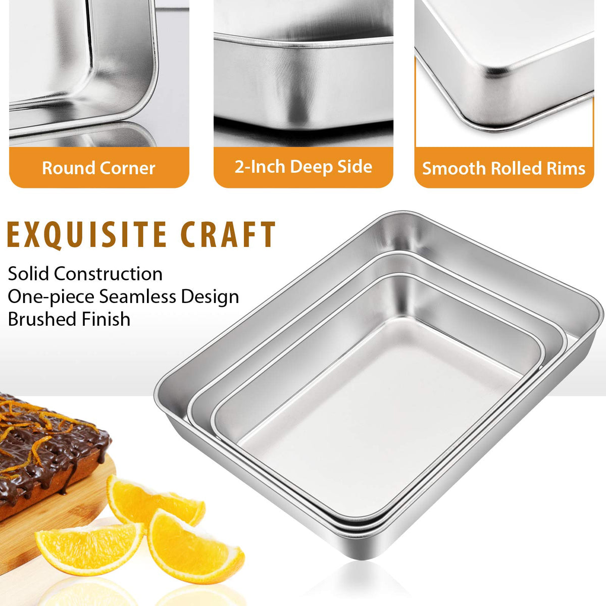 Baking Pans Set of 3, E-far Stainless Steel Sheet Cake Pan for Oven - 12.5/10.5/9.4Inch, Rectangle Bakeware Set for Cake Lasagna Brownie Casserole Cookie, Non-toxic & Healthy, Dishwasher Safe 🍁 All In One Marketplace Canada