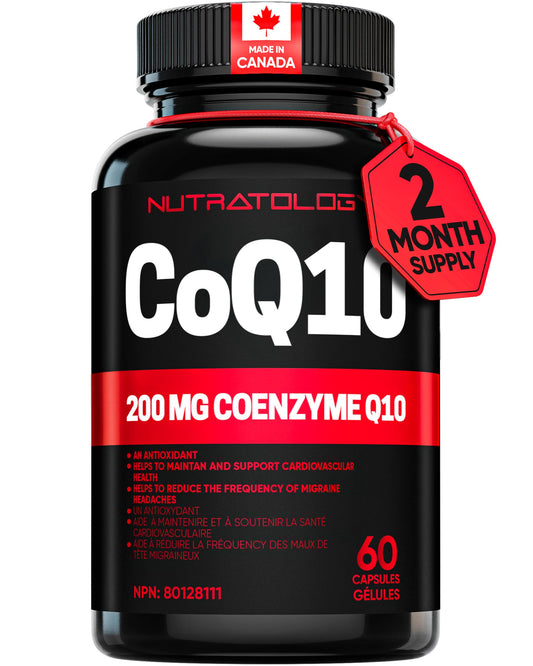 Nutratology® Coenzyme Q10 (CoQ10) 200MG - Cardiovascular Health Support - Antioxidant for Heart Health - Helps Reduce the Frequency of Migraines - CoQ10 Supplement - 60 Capsules - Available at All In One Marketplace Canada