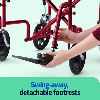 Medline Lightweight Transport Wheelchair with Handbrakes, Folding Transport Chair for Adults has 12 inch Wheels, Red Medline