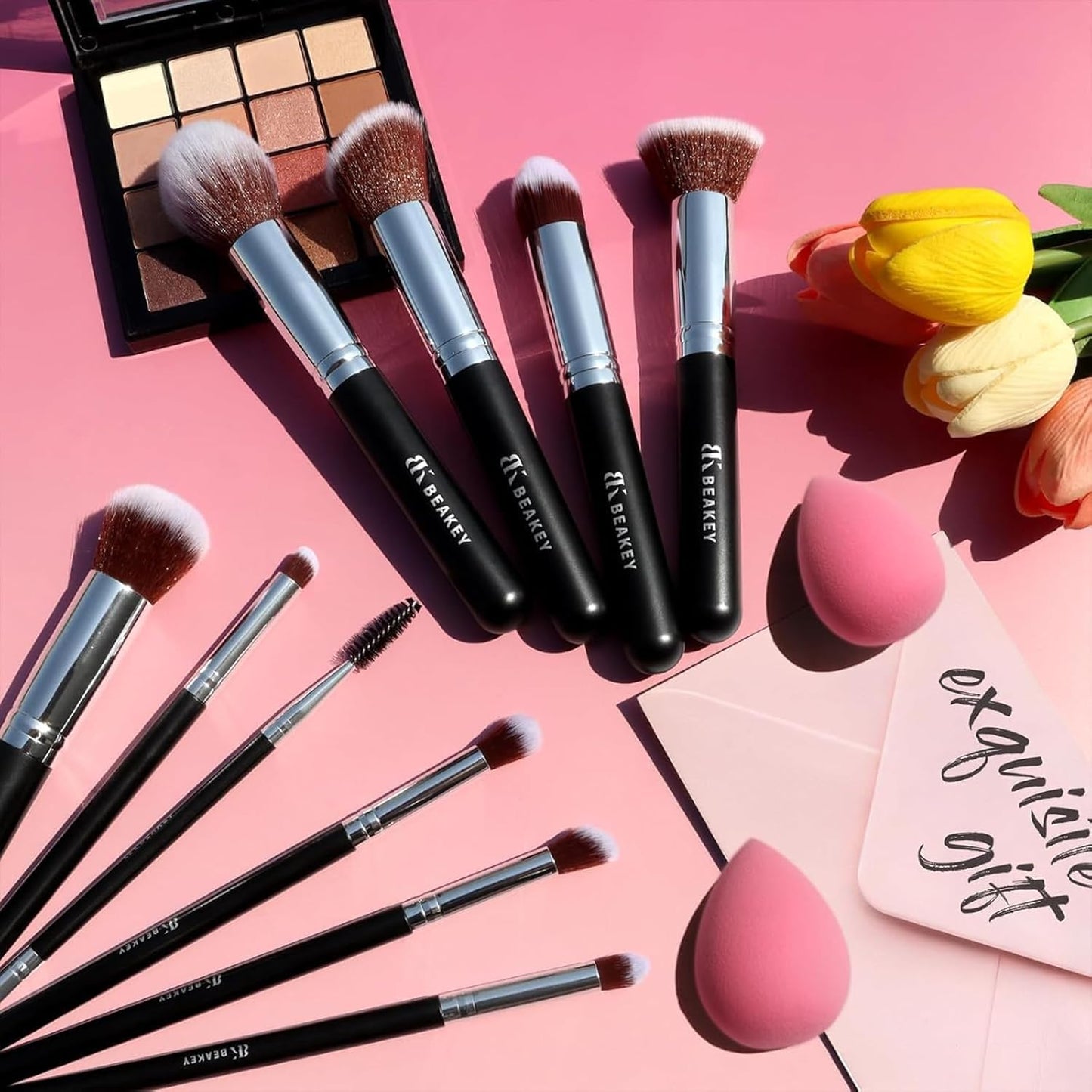 BEAKEY Makeup Brush Set Professional for Eye and Face, Foundation Blending, Eyeshadow, Concealer, Eye Shadow with 2 Blender Sponge, Paper Case