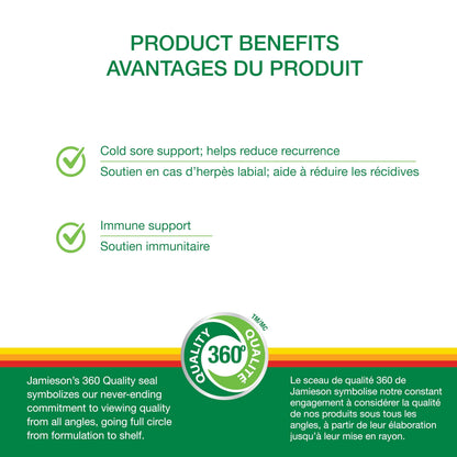 Jamieson Lysine 1,000 mg, with Zinc and Vitamin C, Cold Sore Support, and Helps Immune Health. Essential Amino Acid, Non-GMO, Gluten-Free, 60 Vegetarian Caplets, Proudly Canadian - Available at All In One Marketplace Canada