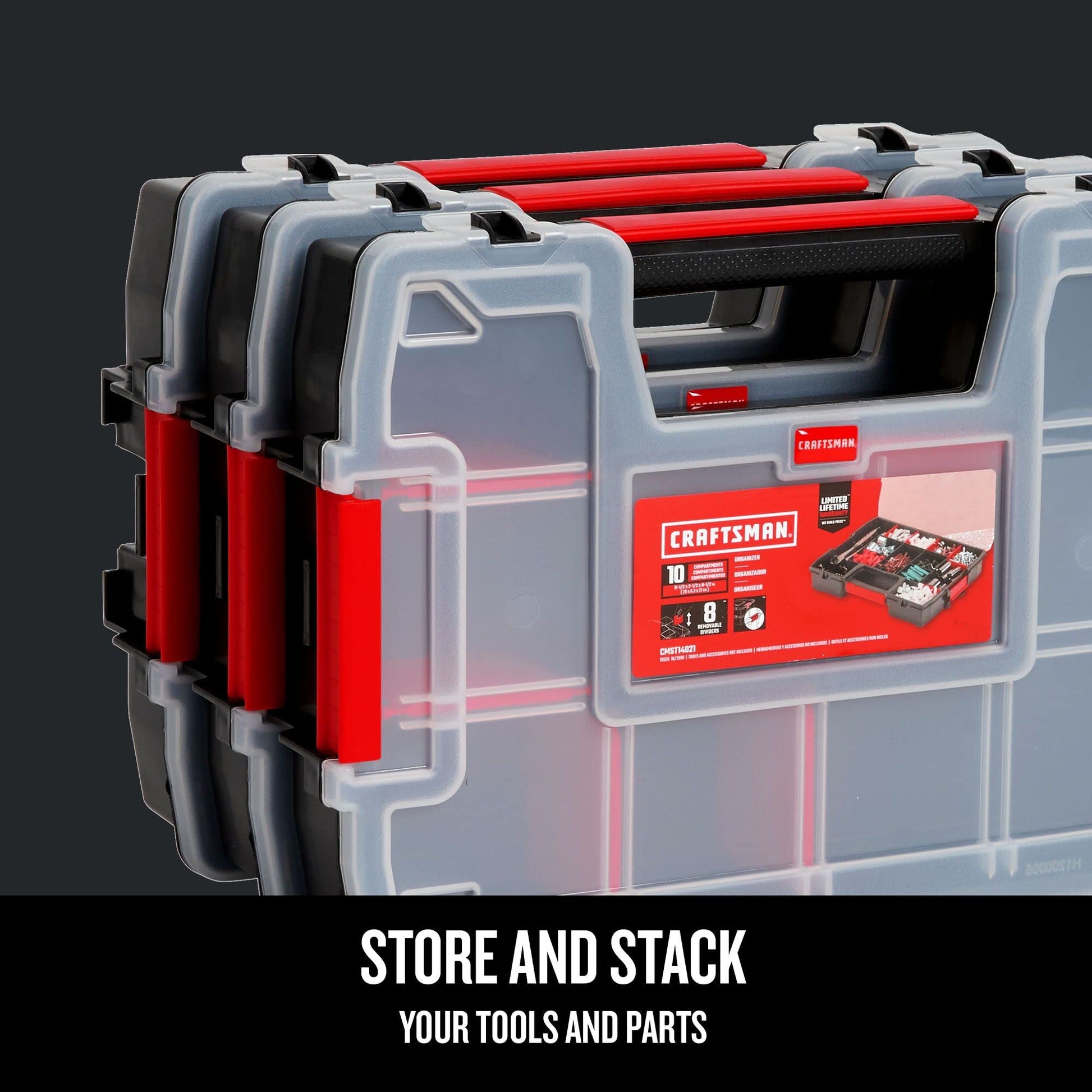 CRAFTSMAN Storage Organizer, Small Parts Organizer, 3-Packs with 10-Compartments, Lid Includes Secure Latch (CMST60964M) CRAFTSMAN