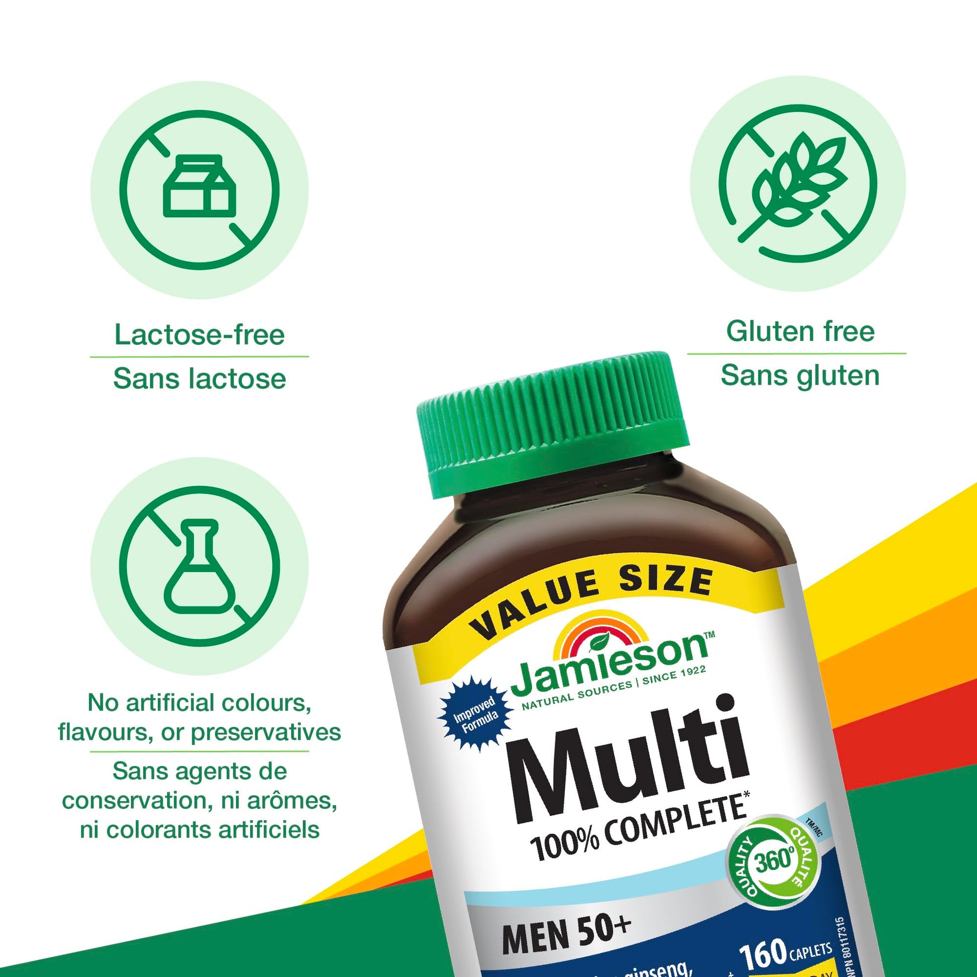 Jamieson 100% Complete Multivitamin For Men 50+, with Siberian Ginseng, Lutein, and More Magnesium. Supports Immunity, Energy, Overall Health, Eye Support, and Bone Health, Gluten-Free, One Per Day, 160 Caplets - Available at All In One Marketplace Canada