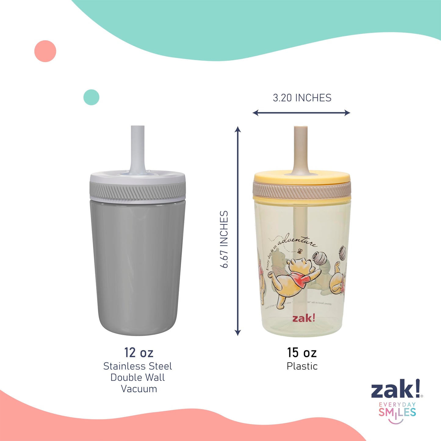 Zak Designs Winnie the Pooh Kelso 15oz Leak-Proof Toddler Cups, 2-Pack