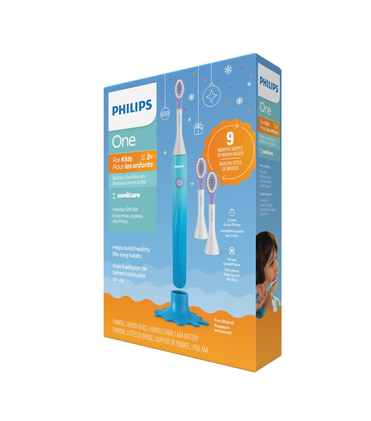 Philips One for Kids by Sonicare Battery Toothbrush Holiday Pack with 3 Brush Heads, Blue Edition 🍁 All In One Marketplace Canada