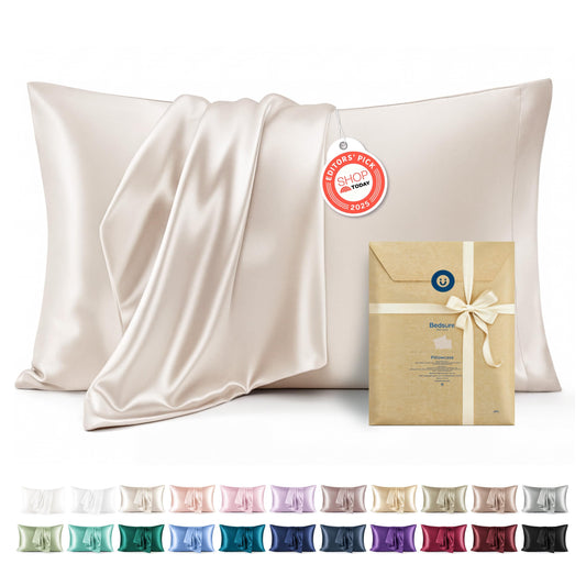 Bedsure Satin Pillow Cases Queen Size 2 Pack - Similar to Silk Pillow Cases, Silky Pillowcase Covers for Hair and Skin with Envelope Closure, Gifts for Women Men, Beige, 20x30 Inches