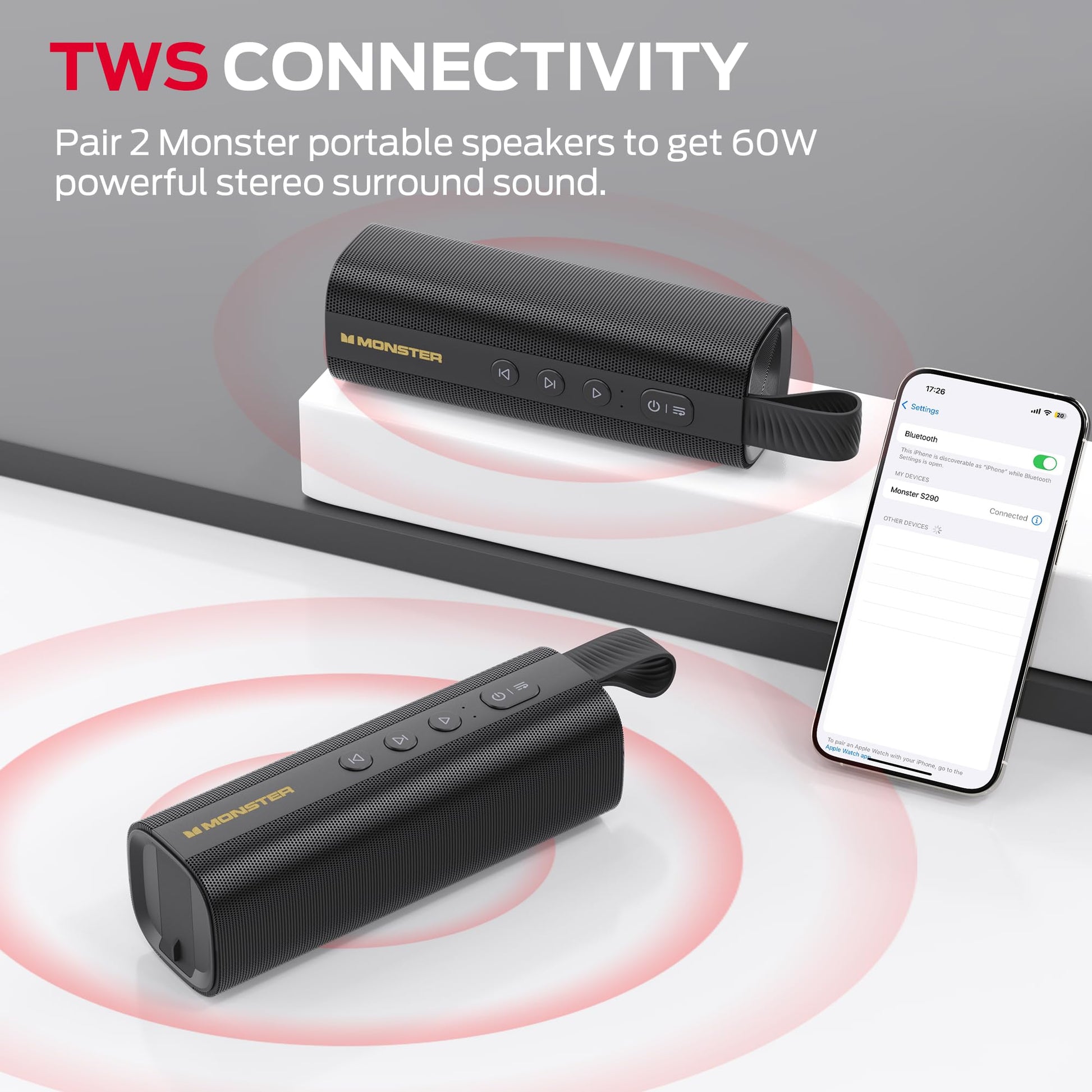 Monster S290 Bluetooth Speaker, Portable Bluetooth Speaker with 30W Loud Stereo Sound, Bluetooth 6.0, 20H Playtime, TWS Pairing, Support AUX/TF Card, IPX6 Waterproof Wireless Speaker for Home, Travel