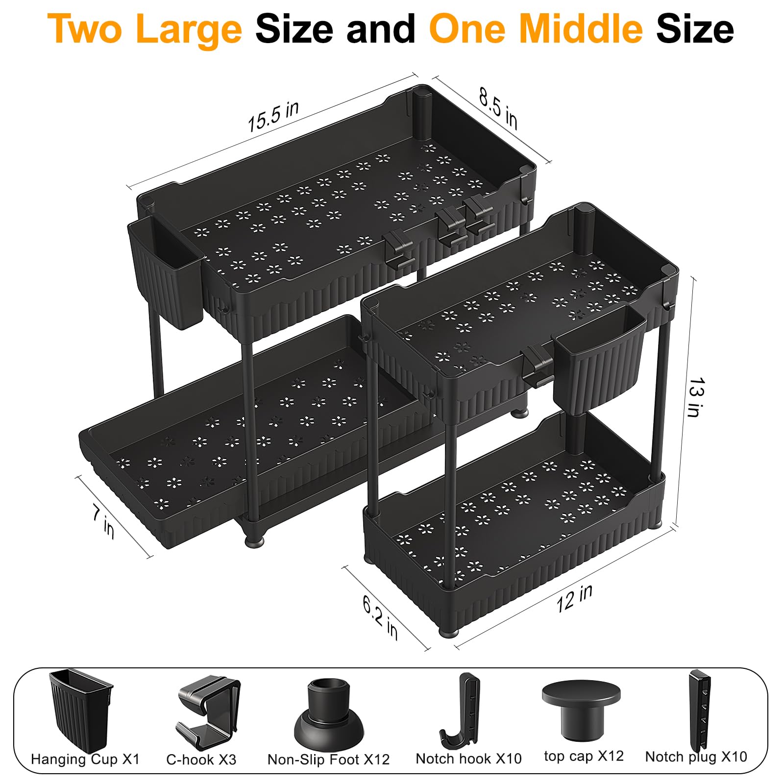 Sevenblue Under Sink Organizer 3 Pack, Bathroom Organizers, 2 Tier Multi-Use kitchen Organizers and Storage with Sliding Drawer, Hang Hooks and Cups, (Black) - Available at All In One Marketplace Canada