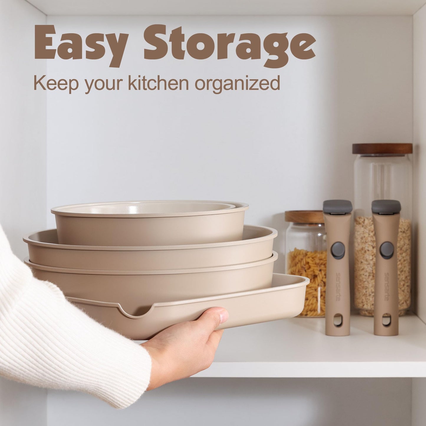 SENSARTE 17 Piece Ceramic Pots and Pans Set, Nonstick Detachable Handle Cookware, Induction Kitchen Cookware Set with Removable Handle, Dishwasher ＆ Oven Safe (Almond Beige) - Available at All In One Marketplace Canada