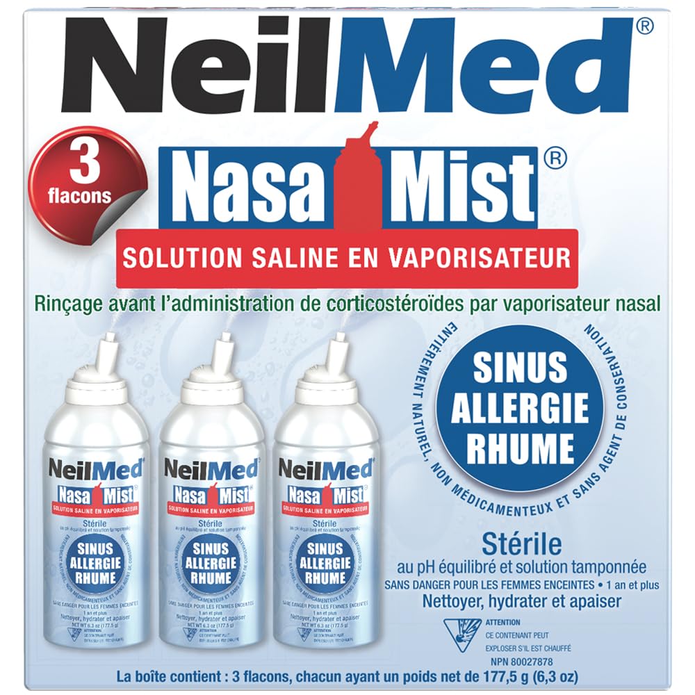 NeilMed NasaMist Saline Spray 177mL. All Natural pH Balanced & Buffered Solution - Soothe, Moisturize and Cleanse Using Specially Designed tip. Contains 3 canisters