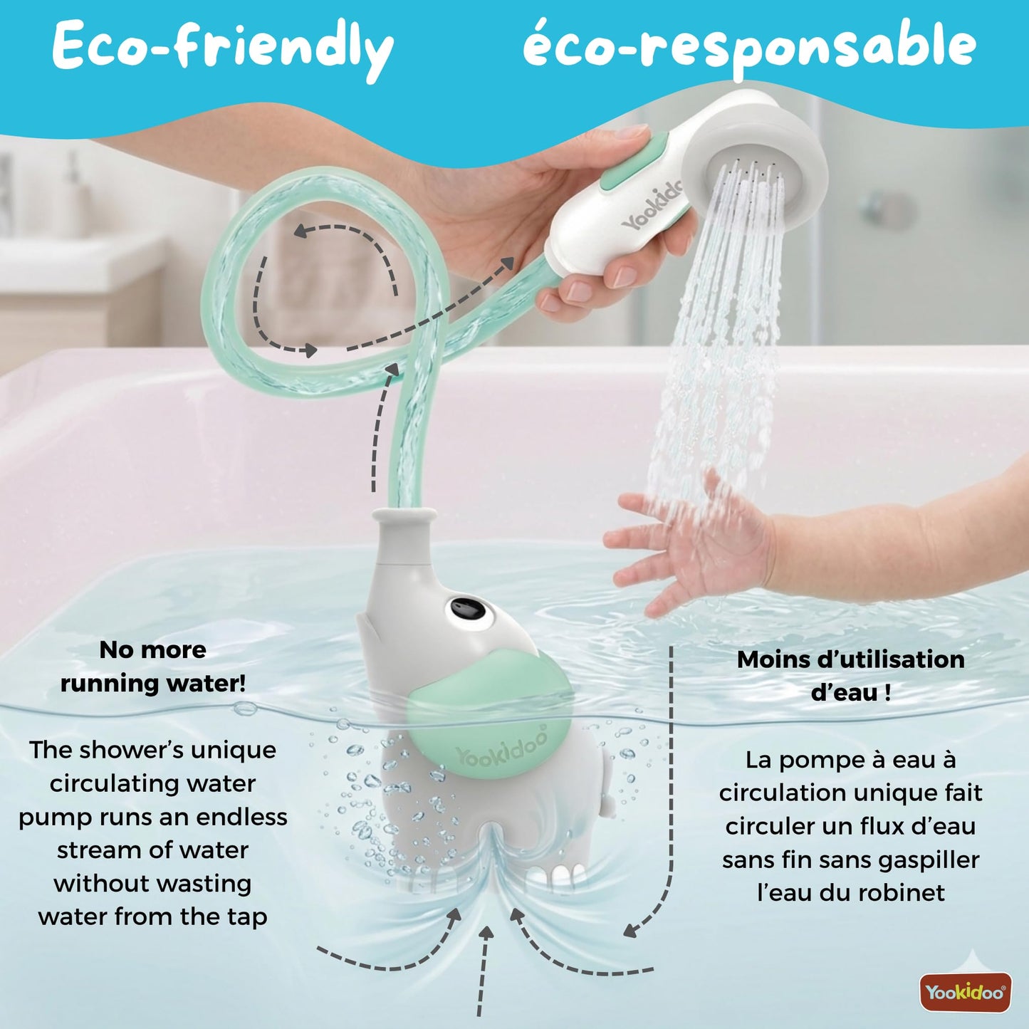 Yookidoo - Elephant Baby Bath Shower Head - Compact & Portable Baby Shower and Toy - Suitable for Newborns, Infants, and Toddlers - from Birth - Teal - 40212 - Available at All In One Marketplace Canada