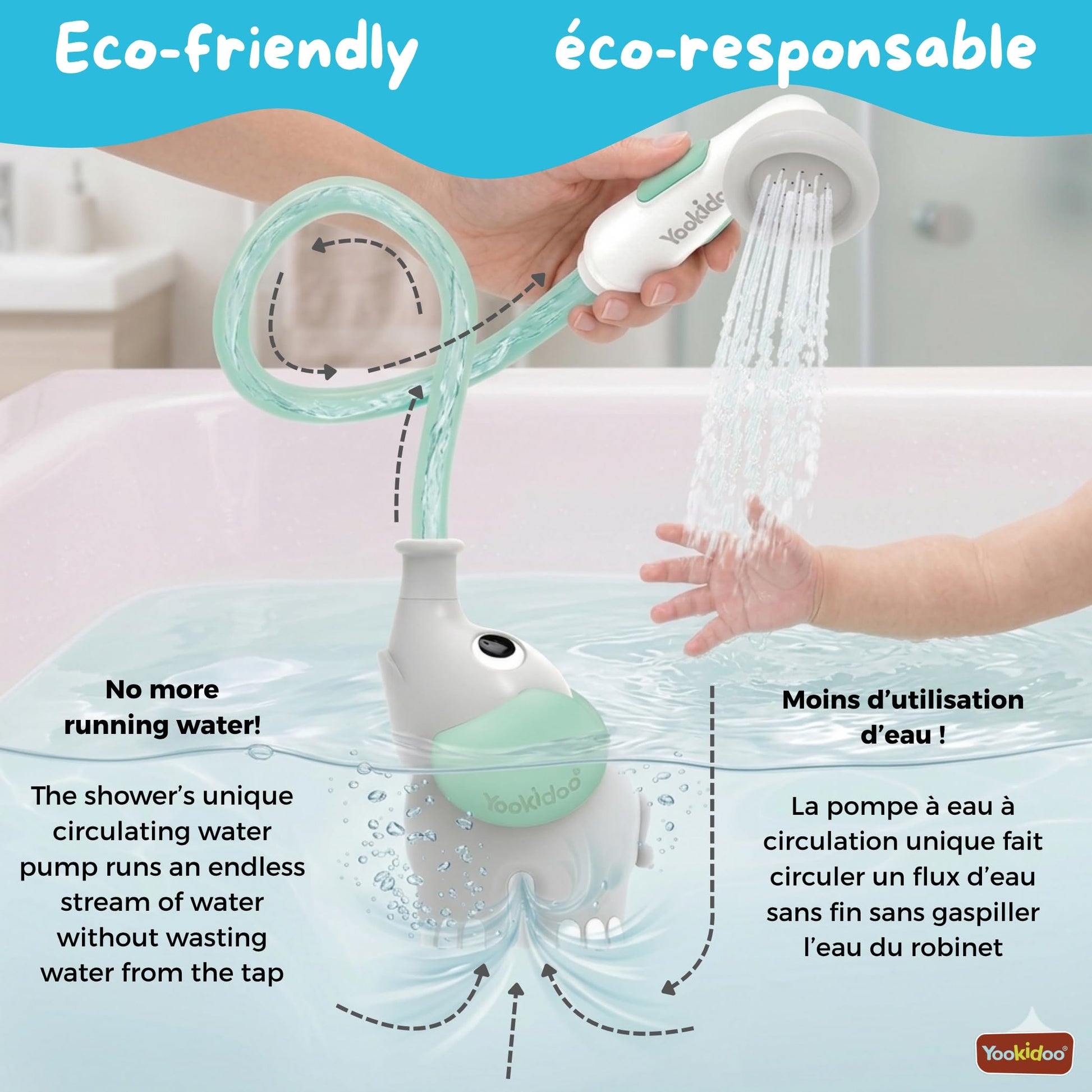 Yookidoo - Elephant Baby Bath Shower Head - Compact & Portable Baby Shower and Toy - Suitable for Newborns, Infants, and Toddlers - from Birth - Teal - 40212 - Available at All In One Marketplace Canada