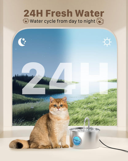 Stainless Steel Cat Water Fountain: Cat Water Dispenser - with 6 Filters + 3 Sponges - 2.2L Waters Fountain Indoor Pet - Pet Dispenser - Quiet Automatic Dog Drinking Bowl