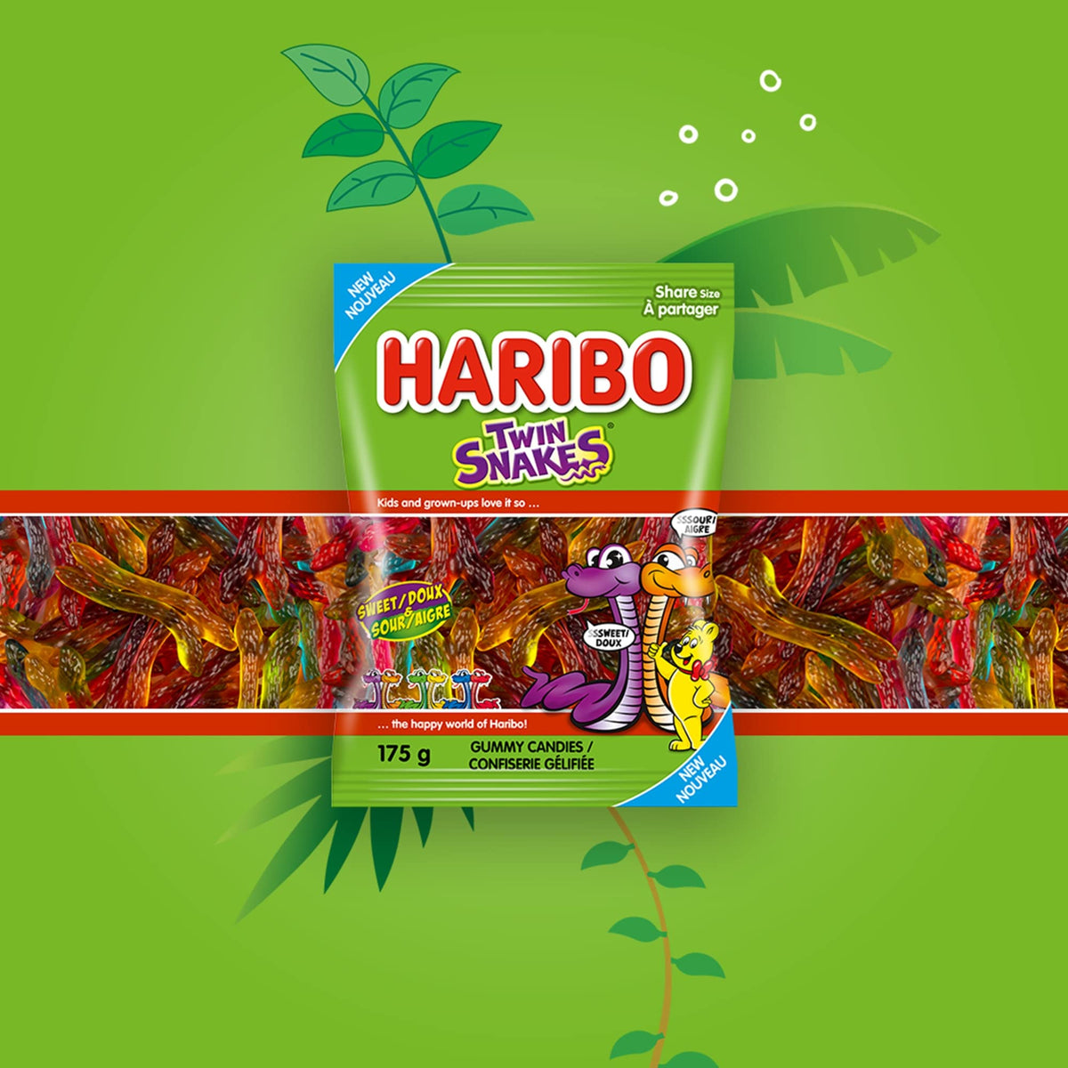 Haribo Twin Snakes Sweet & Sour Gummy Candy, 6 Fruity Flavours, No Artificial Colours - Pack of 12 Box (175g)