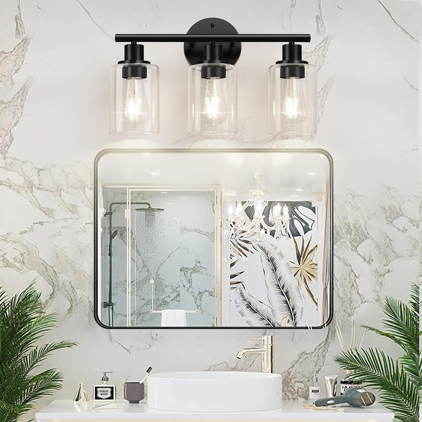 3-Light Bathroom Light Fixtures, Black Bathroom Wall Lights, Modern Bathroom Vanity Light with Clear Glass Shade, Bathroom Wall Lamp for Mirror Kitchen Bedroom Living Room