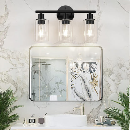 3-Light Bathroom Light Fixtures, Black Bathroom Wall Lights, Modern Bathroom Vanity Light with Clear Glass Shade, Bathroom Wall Lamp for Mirror Kitchen Bedroom Living Room