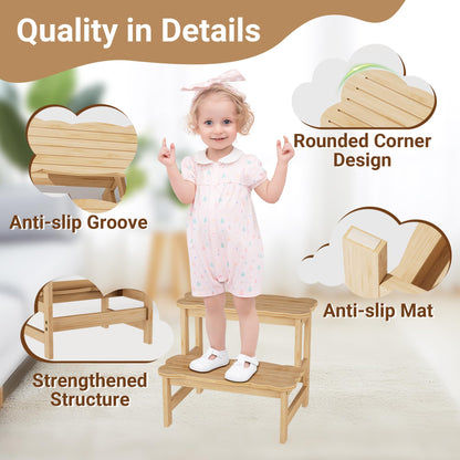 COSYLAND Bamboo Step Stool, Two Step Stools Toddler 300 lbs Capacity with Safety Non-Slip Pads, Bamboo Step Stool for Bathroom, Kitchen Dual Height Step Stools for Kids (Natural) 🍁 All In One Marketplace Canada