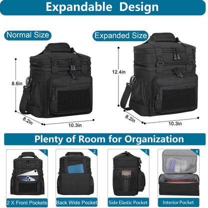Tactical Lunch Box Cooler Bag - Expandable Insulated Lunch Bag for Men Daily - Large Lunchbox for Adults Work Shifts Outdoor Trips Black 16L - Available at All In One Marketplace Canada